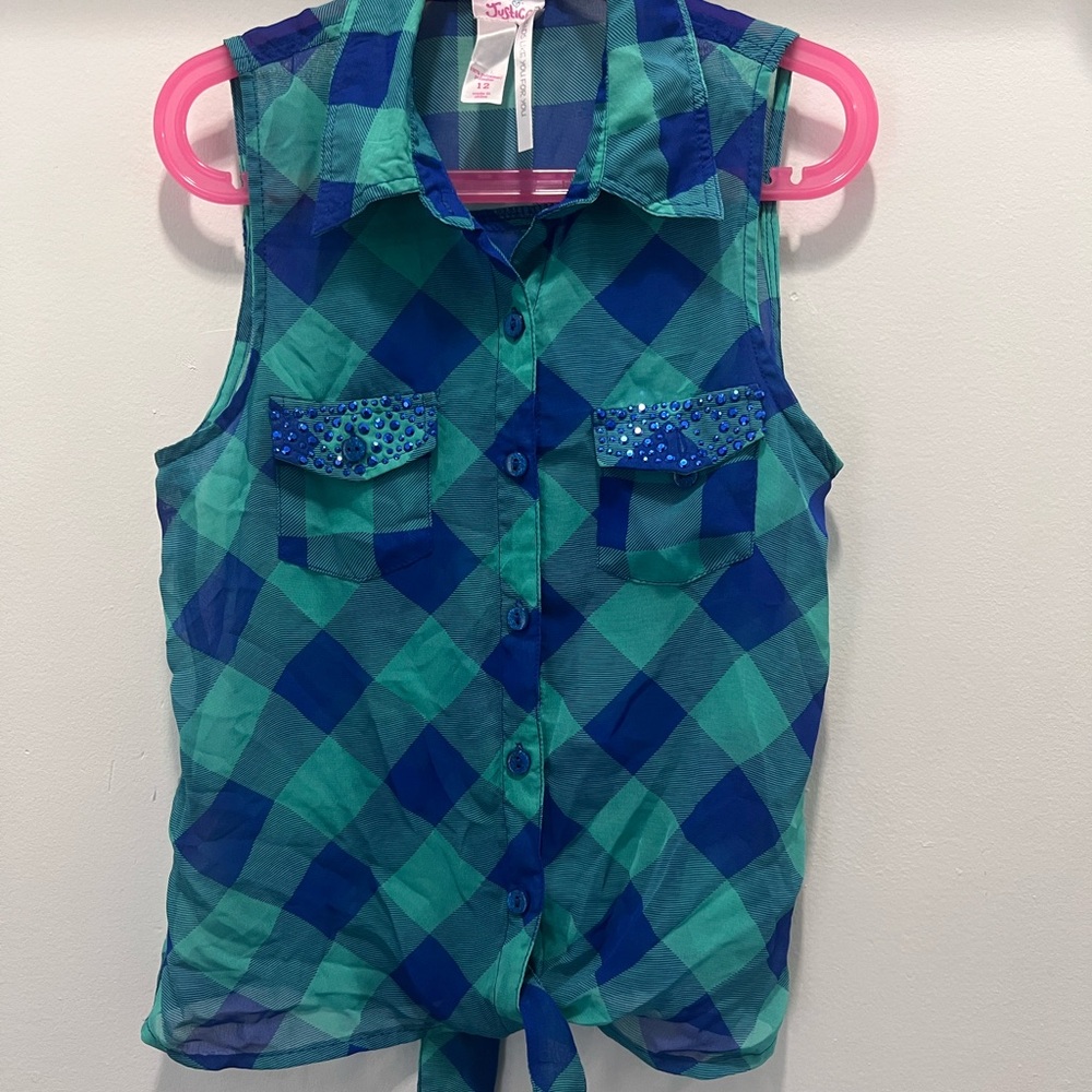 Blue and Green Plaid Sleeveless Kids Shirt